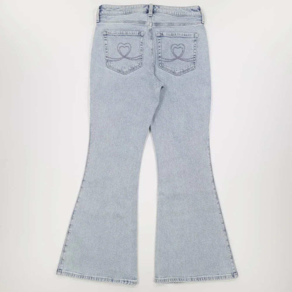 Hollister Women's Heart Embroidered High Rise Denim Flare Jeans‎ Light Blue 12s